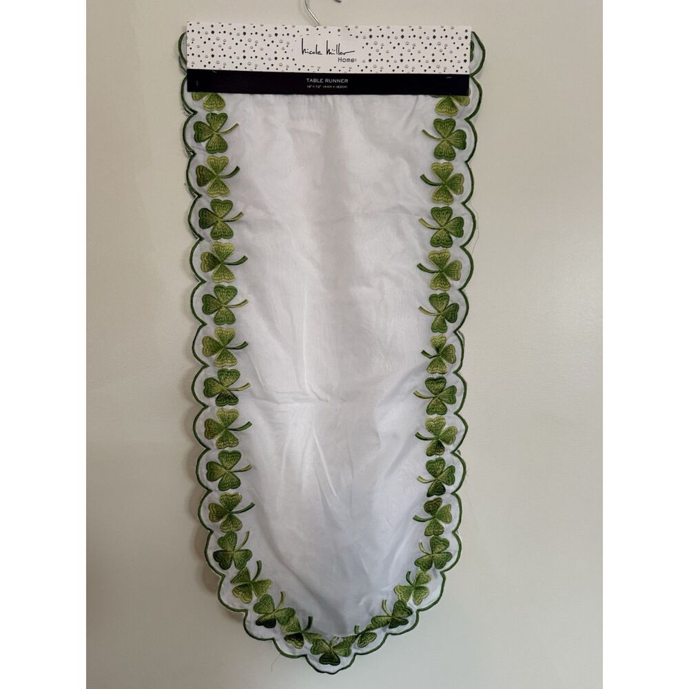 Nicole Miller Home St. Patrick’s Day Sheer Table Runner Clover Embroidery 16x72